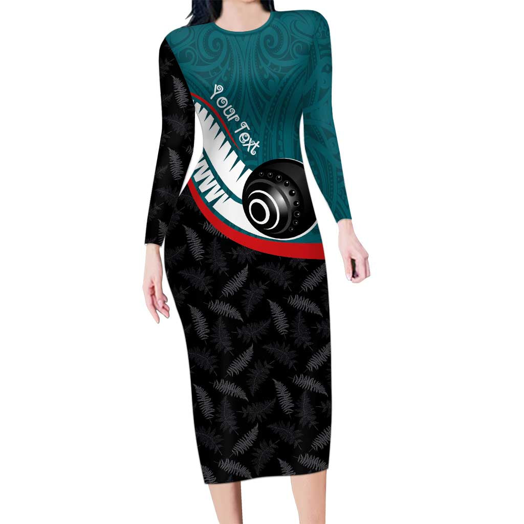 Personalised Aotearoa Lawn Bowls Long Sleeve Bodycon Dress Maori and Silver Fern Sporty Style Teal Color - Polynesian Pride