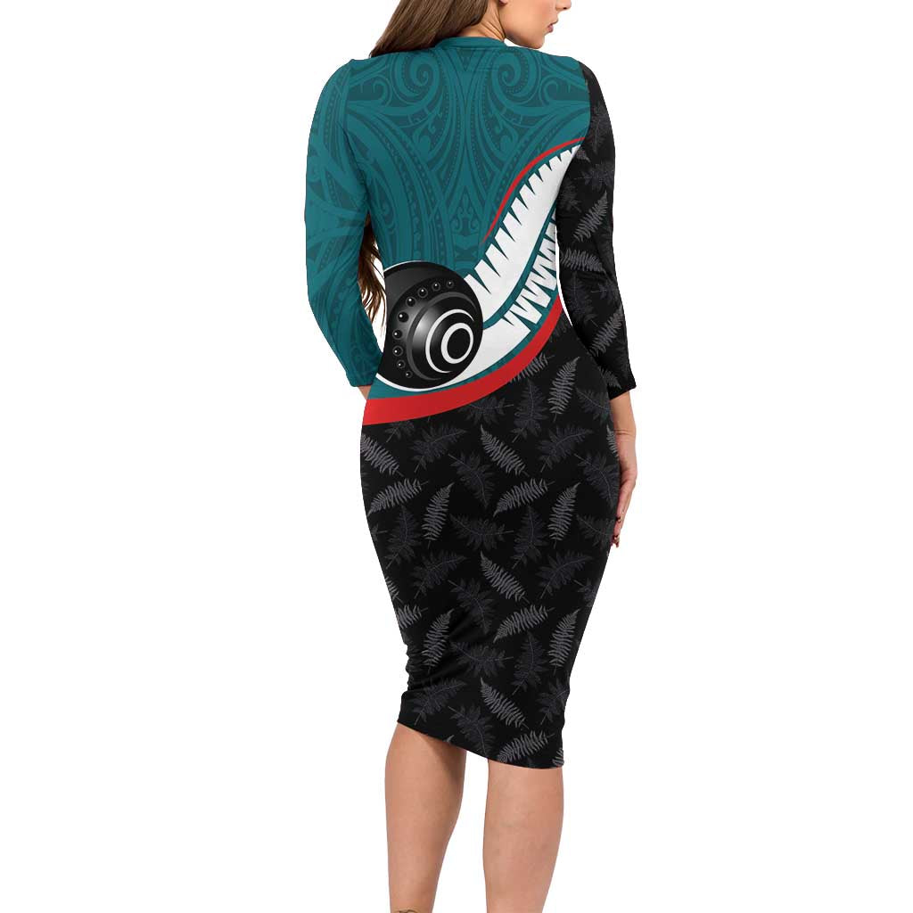 Personalised Aotearoa Lawn Bowls Long Sleeve Bodycon Dress Maori and Silver Fern Sporty Style Teal Color - Polynesian Pride