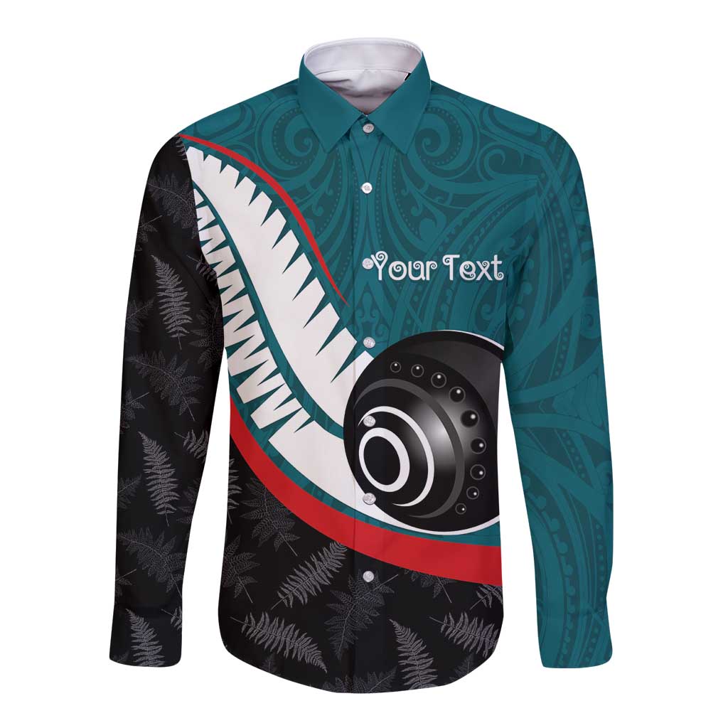 Personalised Aotearoa Lawn Bowls Long Sleeve Button Shirt Maori and Silver Fern Sporty Style Teal Color - Polynesian Pride