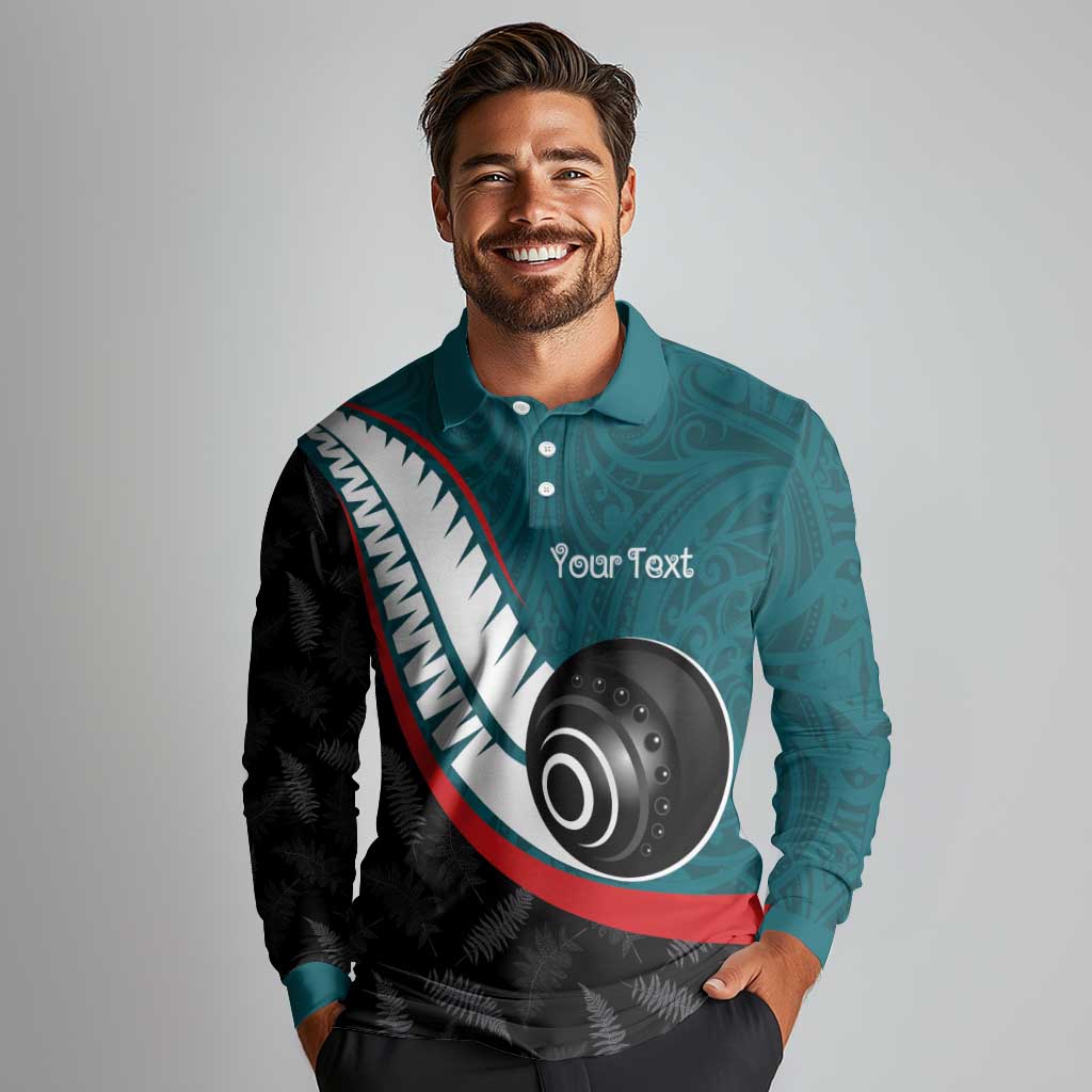 Personalised Aotearoa Lawn Bowls Long Sleeve Polo Shirt Maori and Silver Fern Sporty Style Teal Color - Polynesian Pride