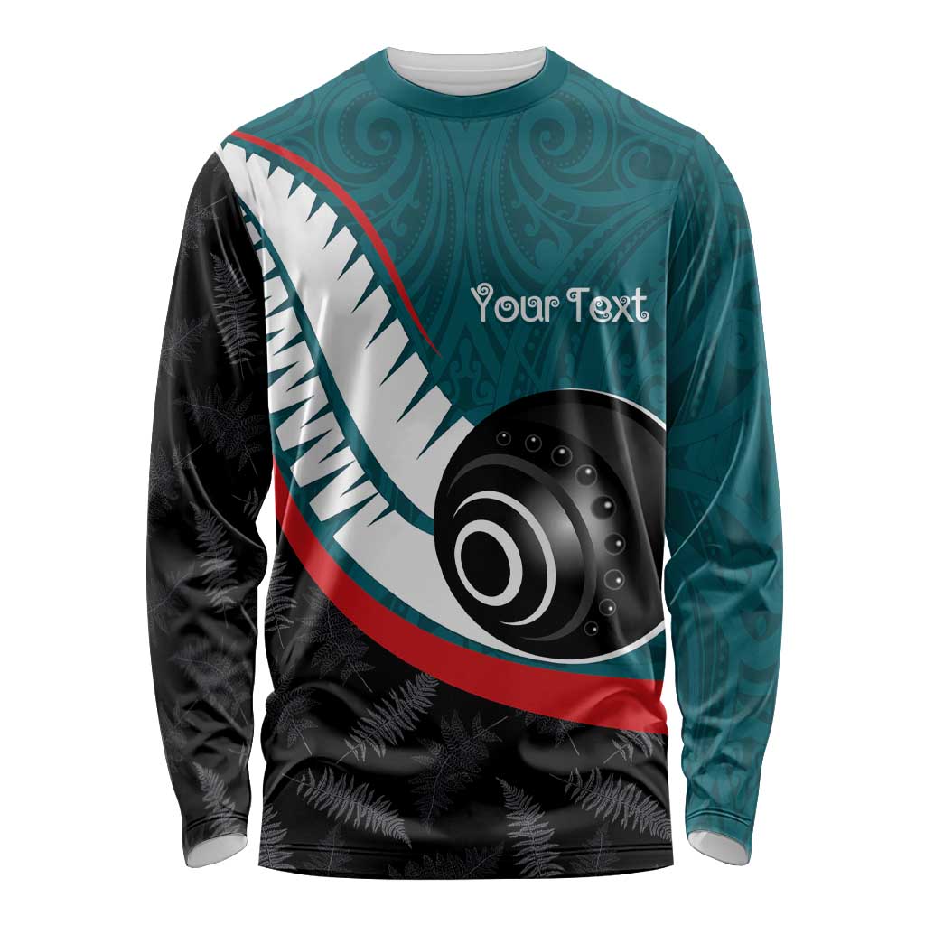 Personalised Aotearoa Lawn Bowls Long Sleeve Shirt Maori and Silver Fern Sporty Style Teal Color - Polynesian Pride
