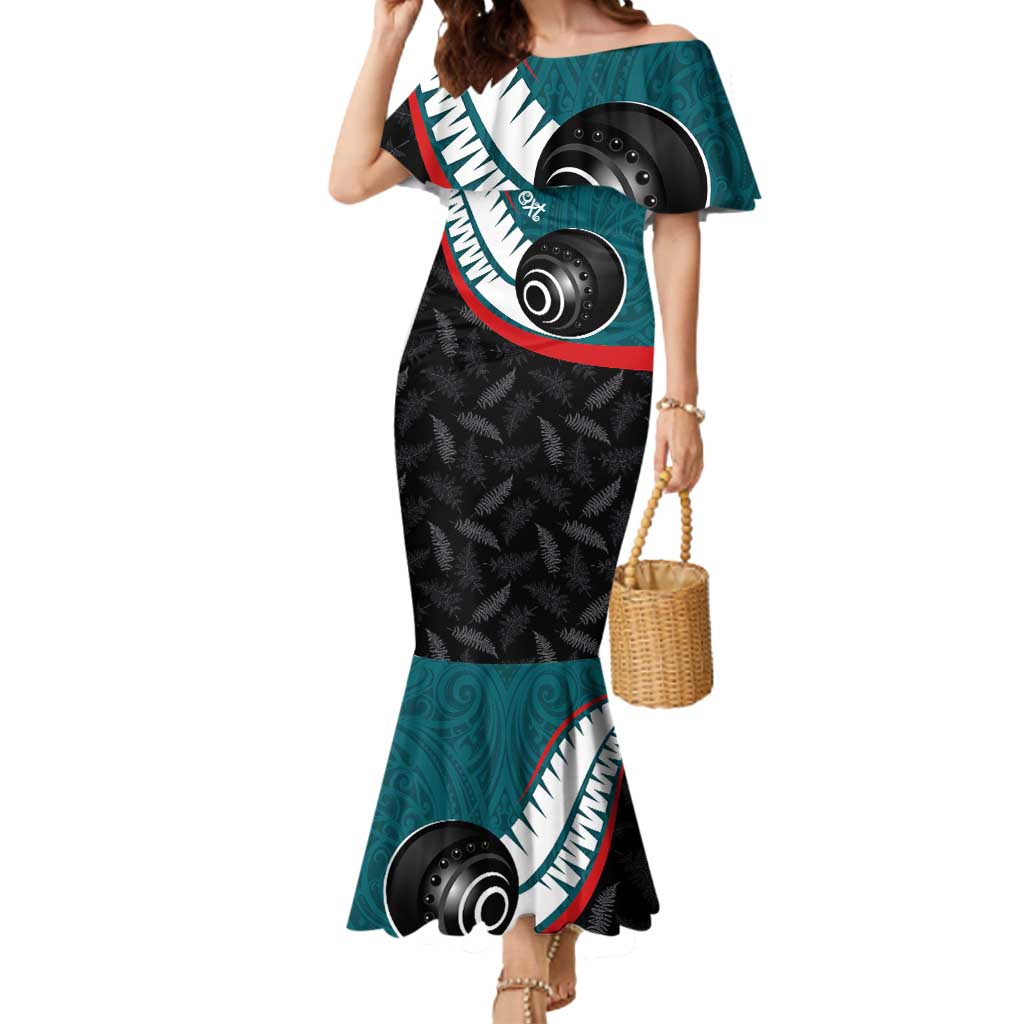 Personalised Aotearoa Lawn Bowls Mermaid Dress Maori and Silver Fern Sporty Style Teal Color LT03 Women Teal - Polynesian Pride