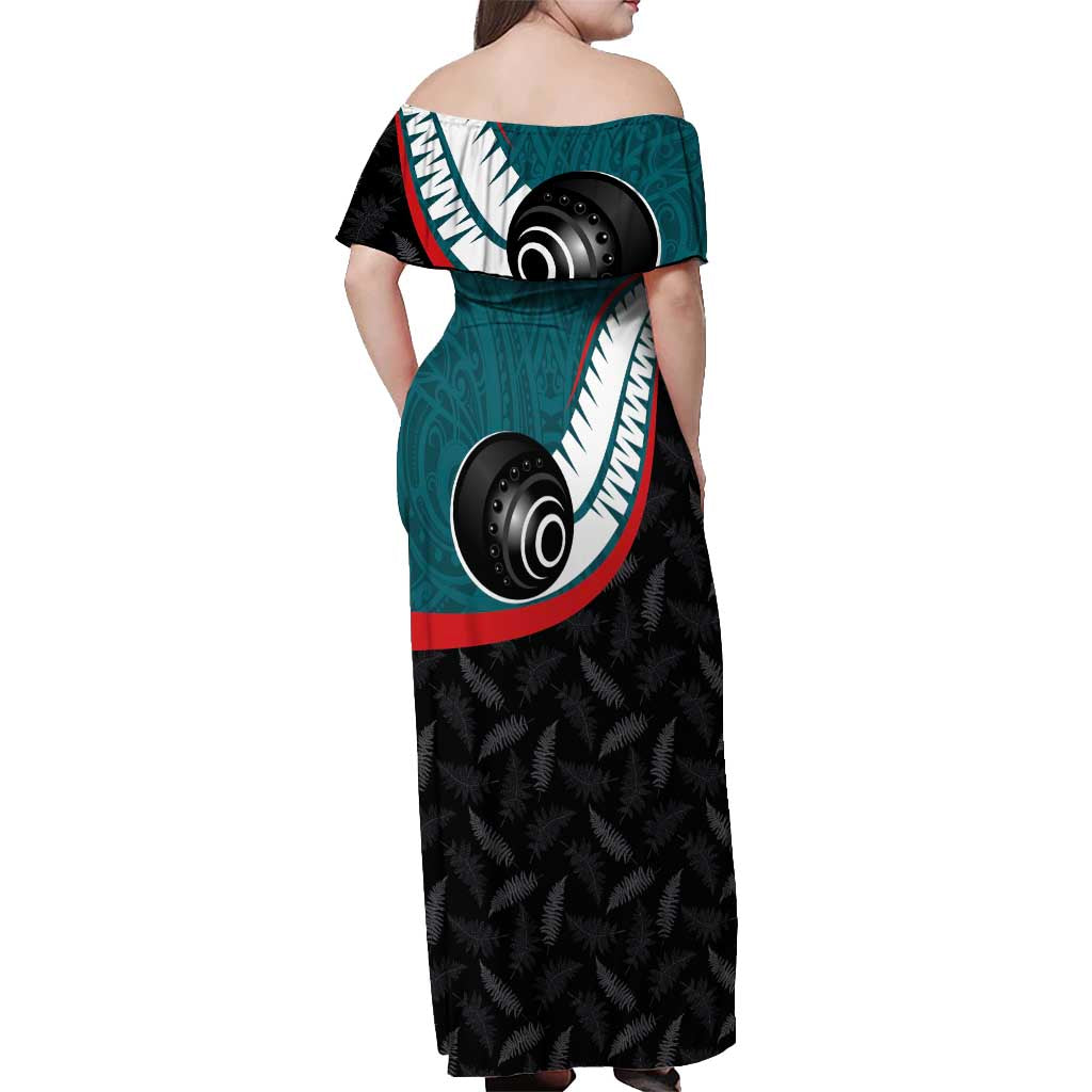 Personalised Aotearoa Lawn Bowls Off Shoulder Maxi Dress Maori and Silver Fern Sporty Style Teal Color - Polynesian Pride