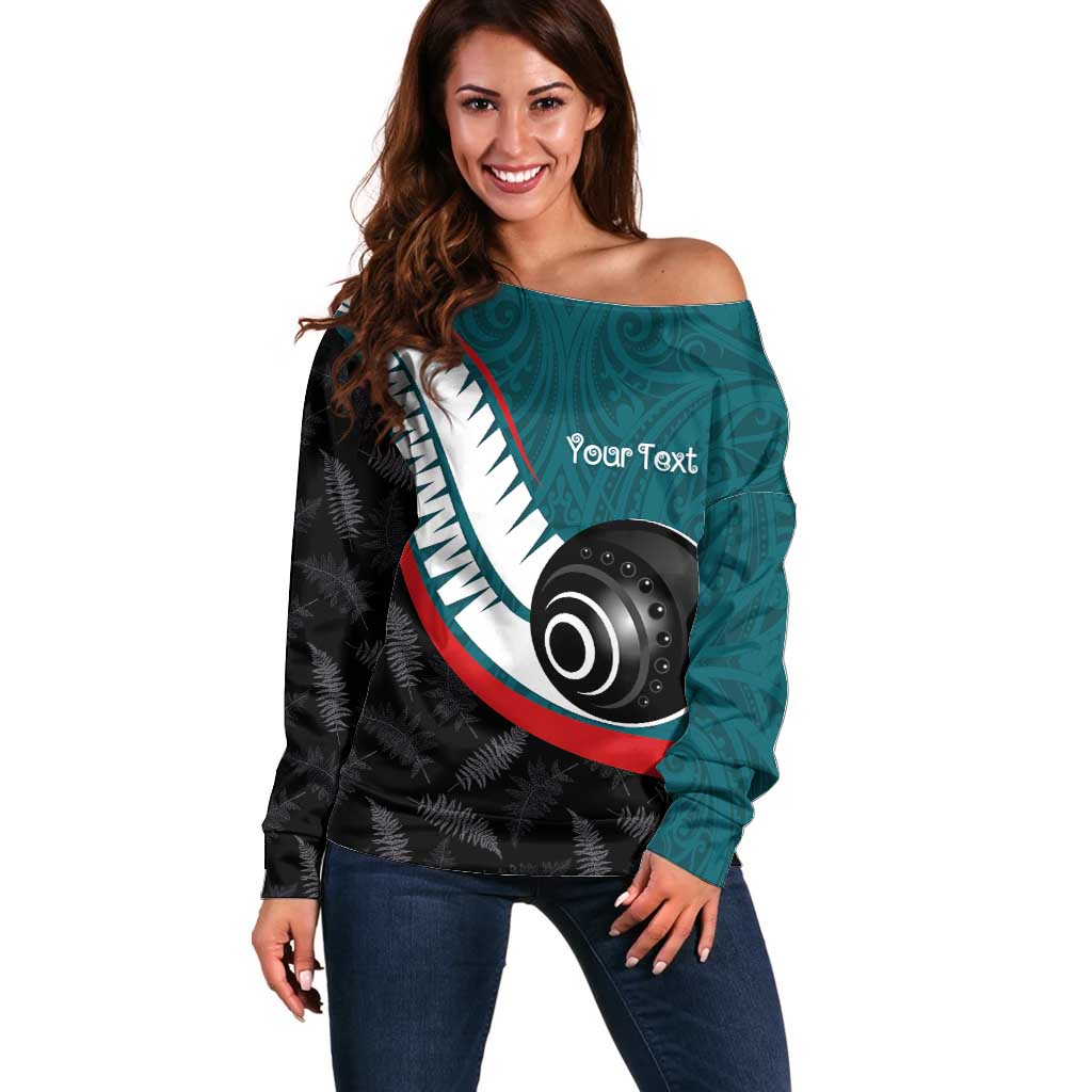 Personalised Aotearoa Lawn Bowls Off Shoulder Sweater Maori and Silver Fern Sporty Style Teal Color - Polynesian Pride