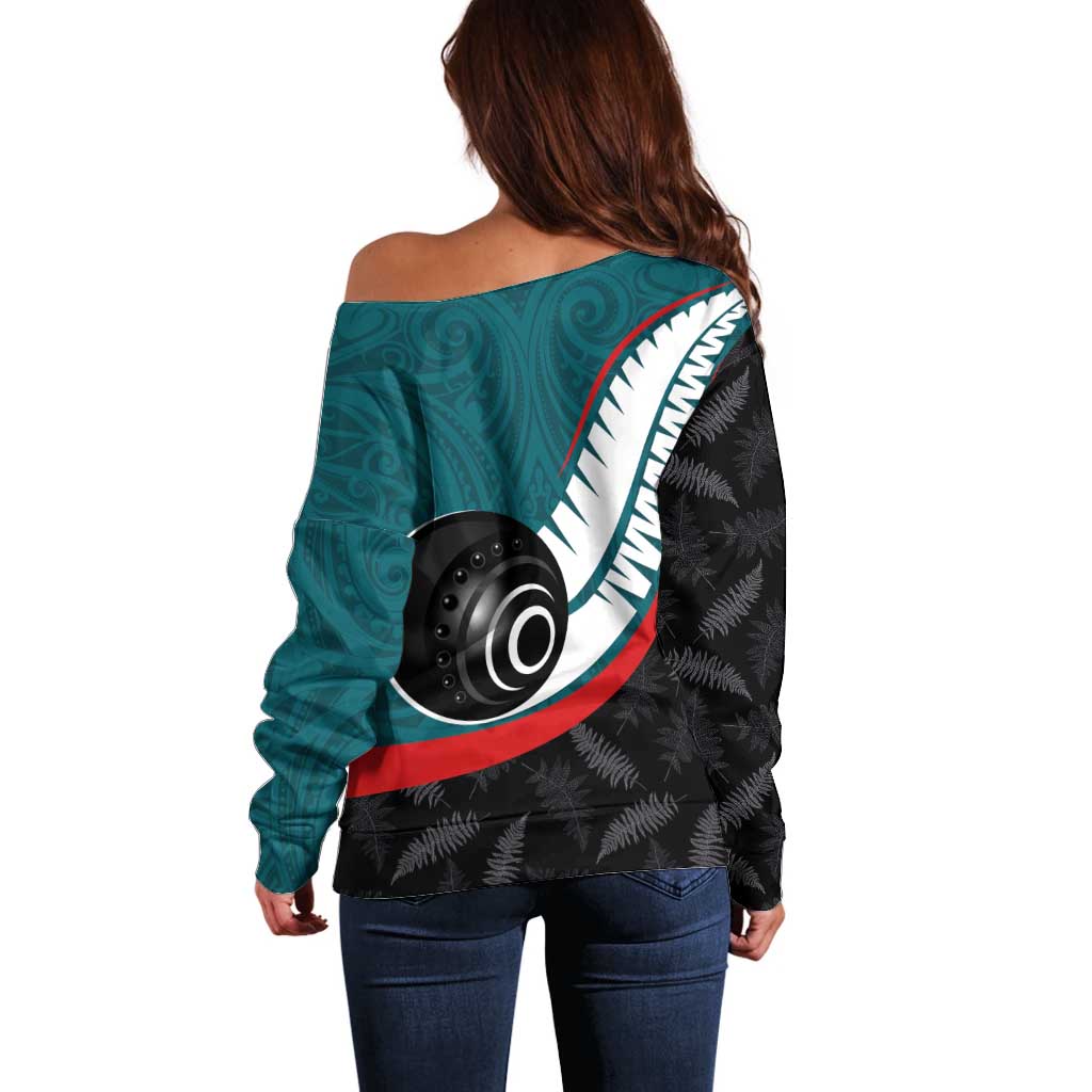 Personalised Aotearoa Lawn Bowls Off Shoulder Sweater Maori and Silver Fern Sporty Style Teal Color - Polynesian Pride