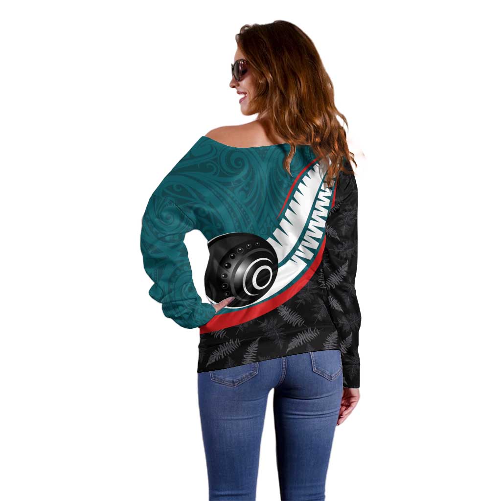 Personalised Aotearoa Lawn Bowls Off Shoulder Sweater Maori and Silver Fern Sporty Style Teal Color - Polynesian Pride