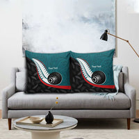 Personalised Aotearoa Lawn Bowls Pillow Cover Maori and Silver Fern Sporty Style Teal Color - Polynesian Pride