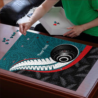 Personalised Aotearoa Lawn Bowls Puzzle Maori and Silver Fern Sporty Style Teal Color - Polynesian Pride