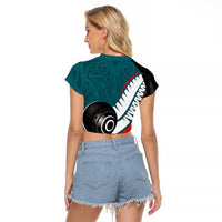 Personalised Aotearoa Lawn Bowls Raglan Cropped T Shirt Maori and Silver Fern Sporty Style Teal Color - Polynesian Pride