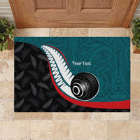 Personalised Aotearoa Lawn Bowls Rubber Doormat Maori and Silver Fern Sporty Style Teal Color - Polynesian Pride