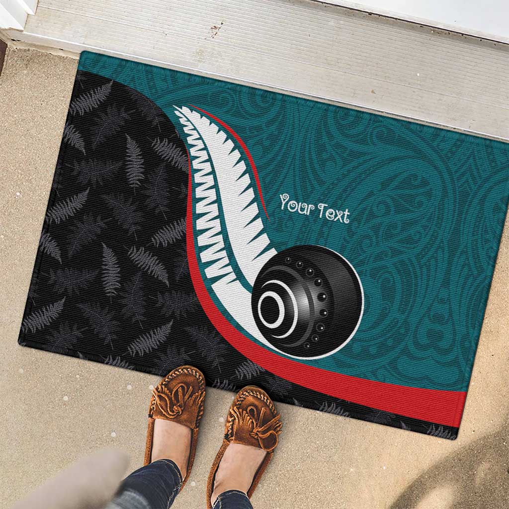 Personalised Aotearoa Lawn Bowls Rubber Doormat Maori and Silver Fern Sporty Style Teal Color - Polynesian Pride