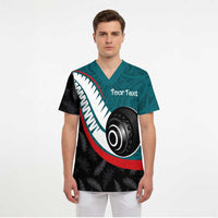 Personalised Aotearoa Lawn Bowls Scrub Top Maori and Silver Fern Sporty Style Teal Color - Polynesian Pride