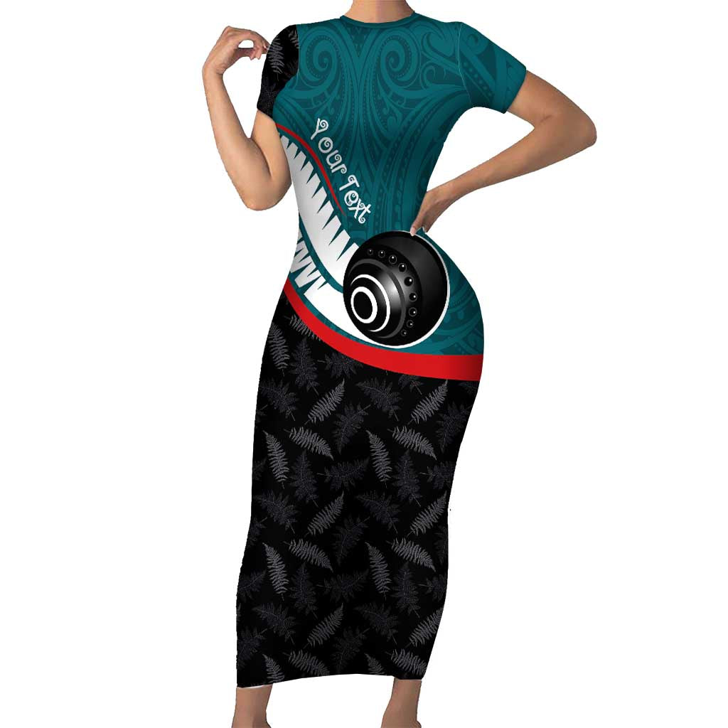 Personalised Aotearoa Lawn Bowls Short Sleeve Bodycon Dress Maori and Silver Fern Sporty Style Teal Color - Polynesian Pride