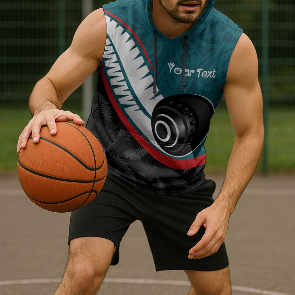 Personalised Aotearoa Lawn Bowls Sleeveless Hoodie Maori and Silver Fern Sporty Style Teal Color - Polynesian Pride