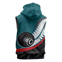 Personalised Aotearoa Lawn Bowls Sleeveless Zip Hoodie Maori and Silver Fern Sporty Style Teal Color - Polynesian Pride