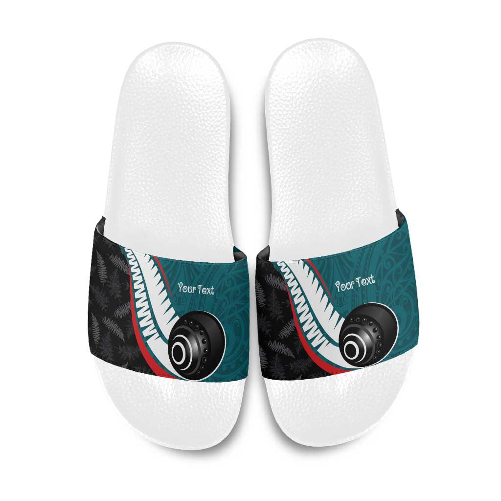 Personalised Aotearoa Lawn Bowls Slide Sandals Maori and Silver Fern Sporty Style Teal Color - Polynesian Pride