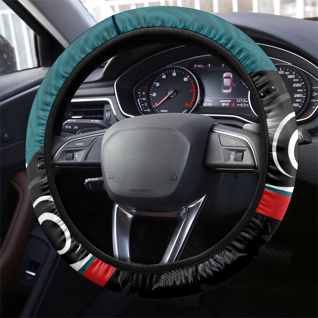 Aotearoa Lawn Bowls Steering Wheel Cover Maori and Silver Fern Sporty Style Teal Color - Polynesian Pride