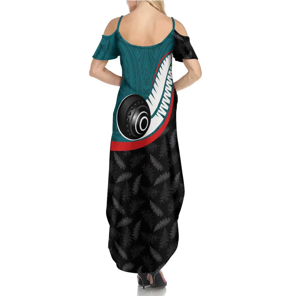 Personalised Aotearoa Lawn Bowls Summer Maxi Dress Maori and Silver Fern Sporty Style Teal Color - Polynesian Pride