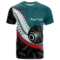 Personalised Aotearoa Lawn Bowls T Shirt Maori and Silver Fern Sporty Style Teal Color - Polynesian Pride