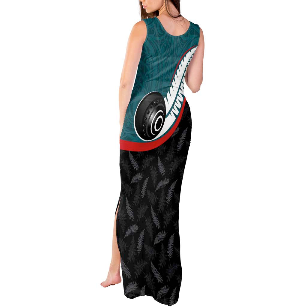 Personalised Aotearoa Lawn Bowls Tank Maxi Dress Maori and Silver Fern Sporty Style Teal Color - Polynesian Pride