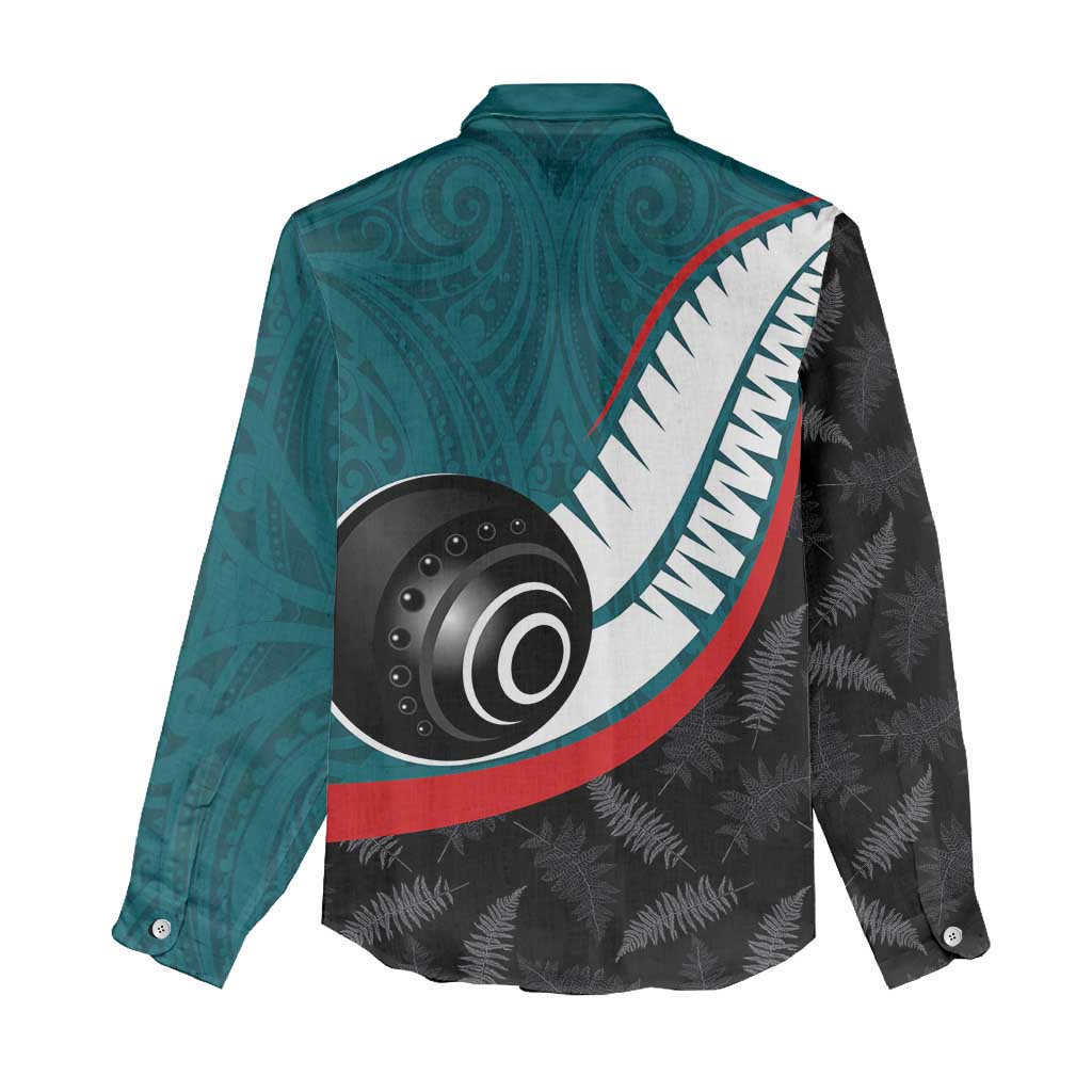 Personalised Aotearoa Lawn Bowls Women Casual Shirt Maori and Silver Fern Sporty Style Teal Color - Polynesian Pride