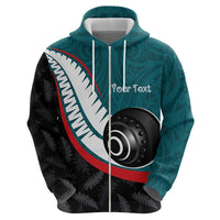 Personalised Aotearoa Lawn Bowls Zip Hoodie Maori and Silver Fern Sporty Style Teal Color - Polynesian Pride