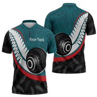 Personalised Aotearoa Lawn Bowls Zipper Polo Shirt Maori and Silver Fern Sporty Style Teal Color - Polynesian Pride
