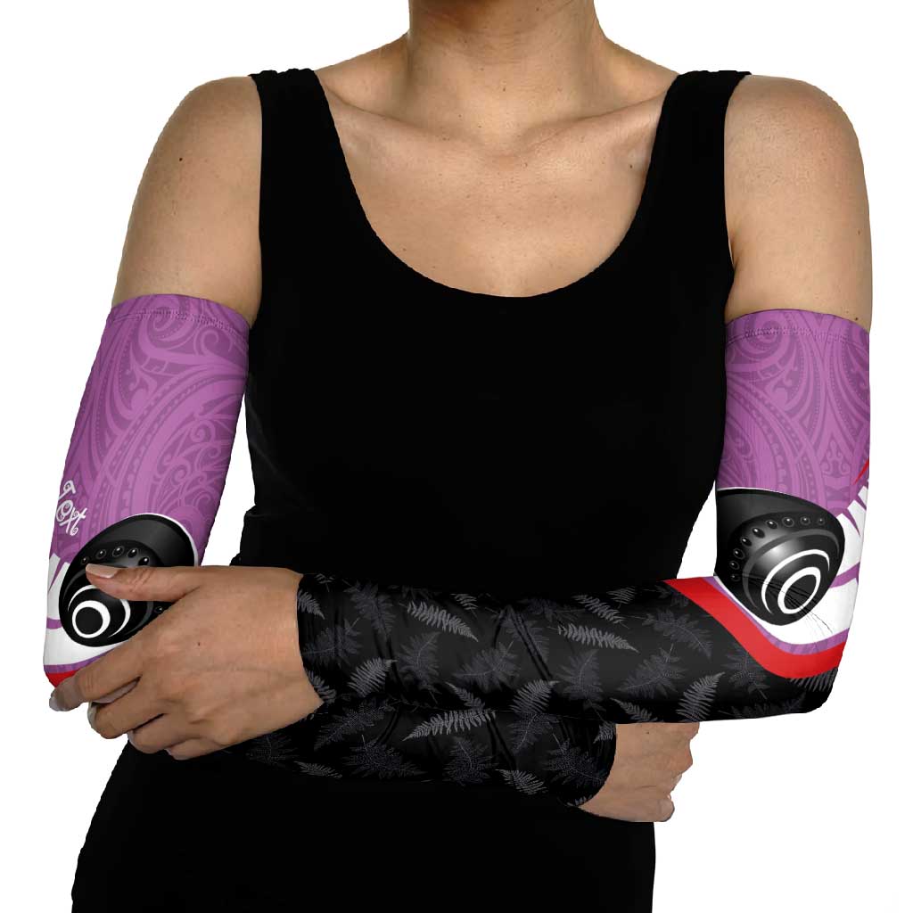 Personalised Aotearoa Lawn Bowls Arm Sleeves Maori and Silver Fern Sporty Style Pink Color - Polynesian Pride