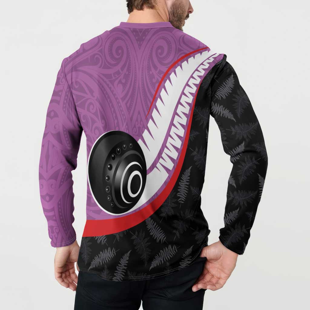 Personalised Aotearoa Lawn Bowls Button Sweatshirt Maori and Silver Fern Sporty Style Pink Color - Polynesian Pride