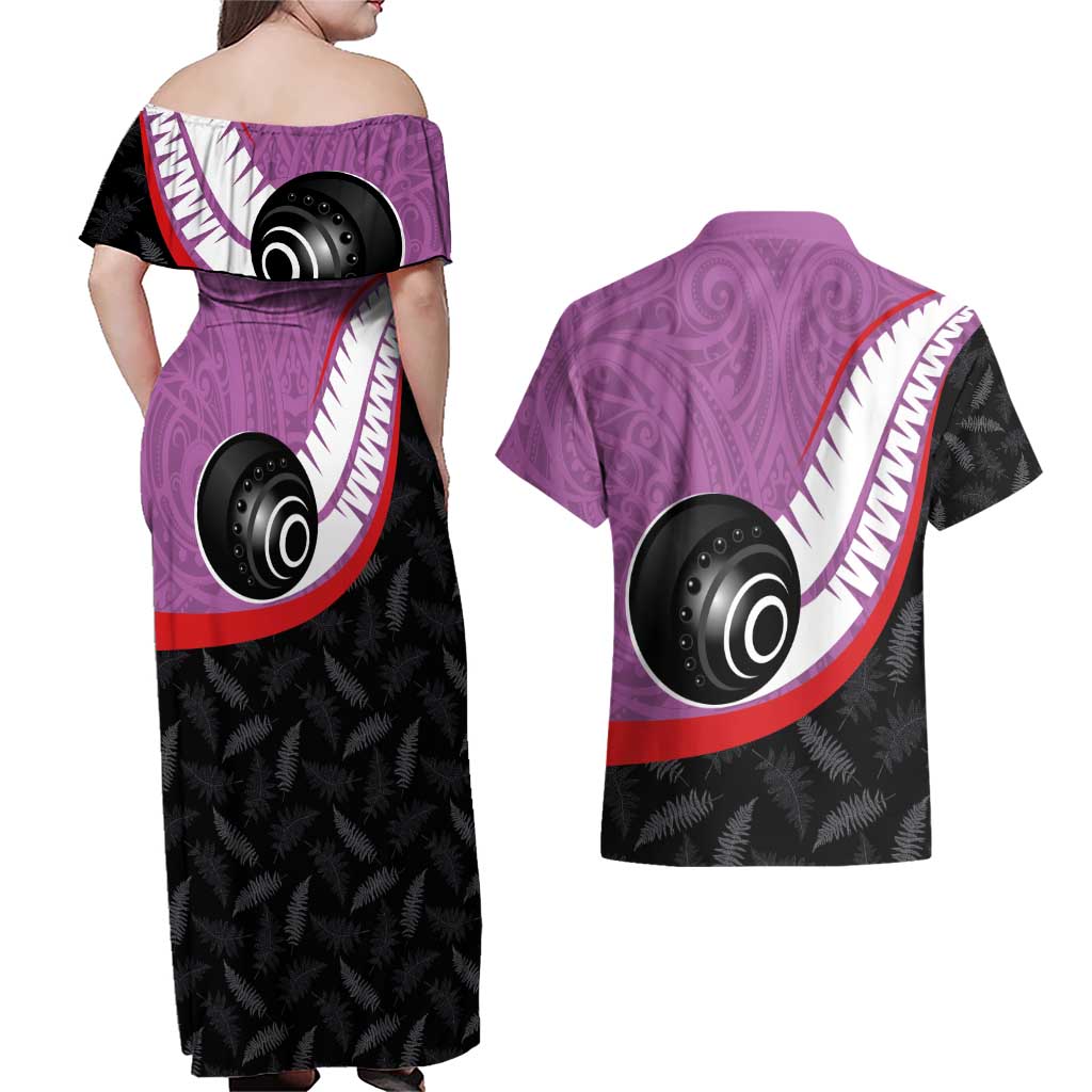 Personalised Aotearoa Lawn Bowls Couples Matching Off Shoulder Maxi Dress and Hawaiian Shirt Maori and Silver Fern Sporty Style Pink Color - Polynesian Pride