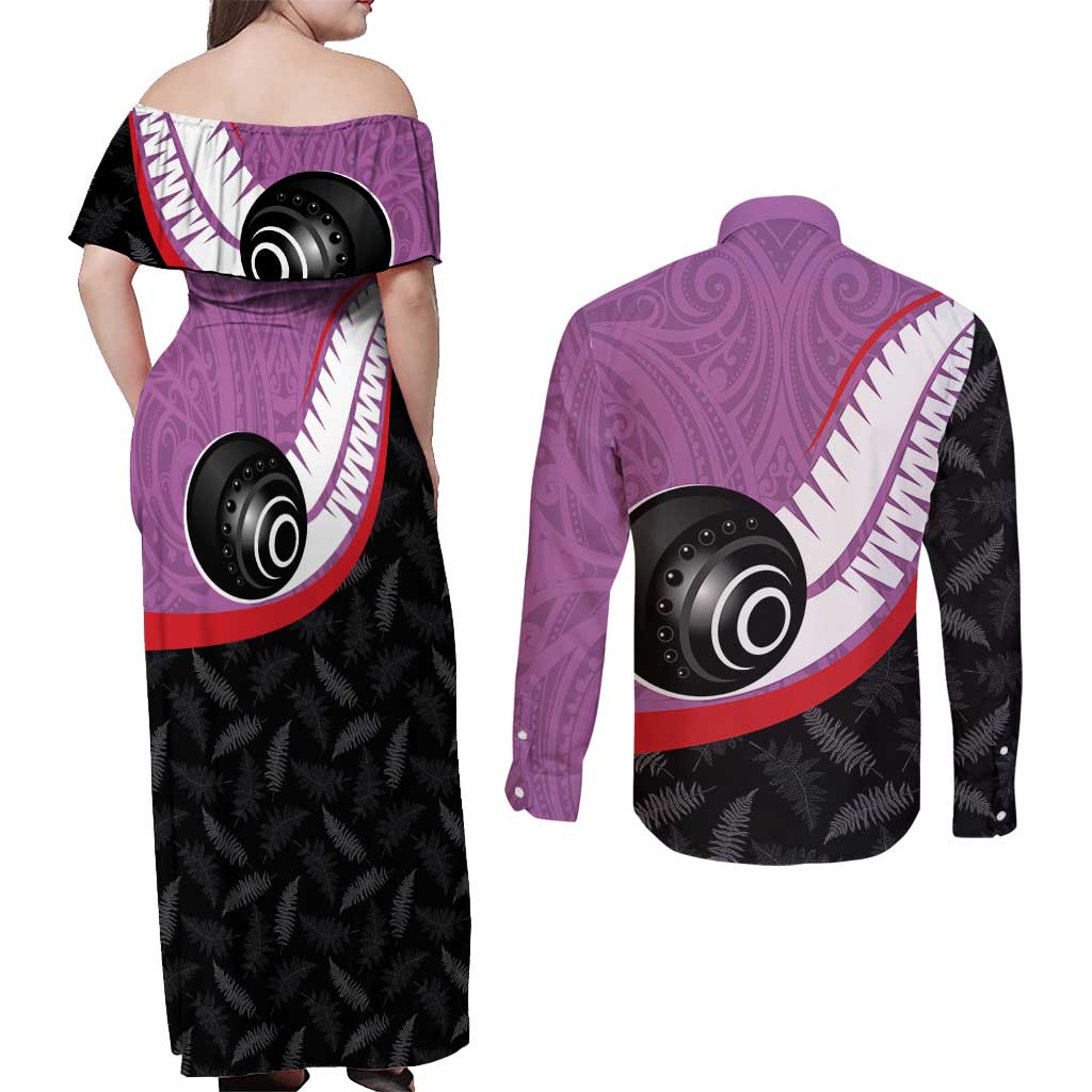 Personalised Aotearoa Lawn Bowls Couples Matching Off Shoulder Maxi Dress and Long Sleeve Button Shirt Maori and Silver Fern Sporty Style Pink Color - Polynesian Pride