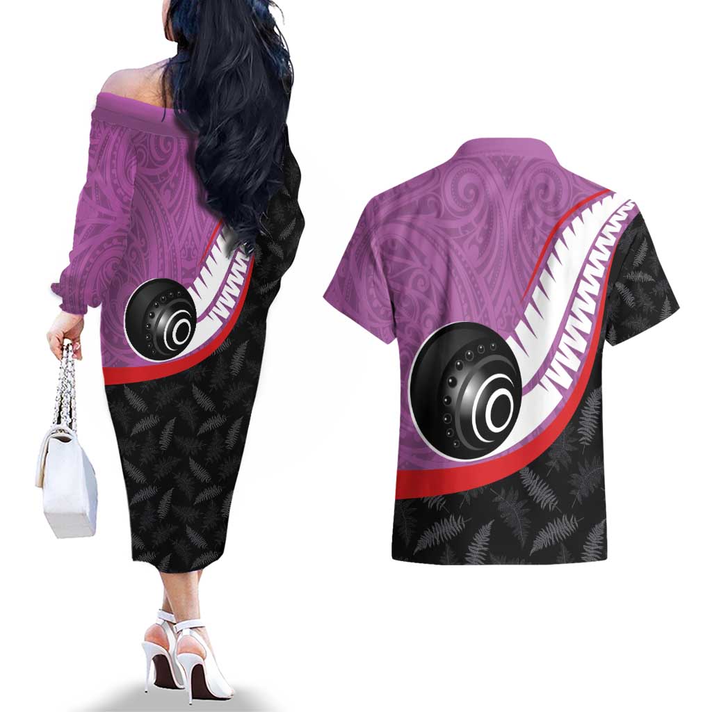 Personalised Aotearoa Lawn Bowls Couples Matching Off The Shoulder Long Sleeve Dress and Hawaiian Shirt Maori and Silver Fern Sporty Style Pink Color - Polynesian Pride