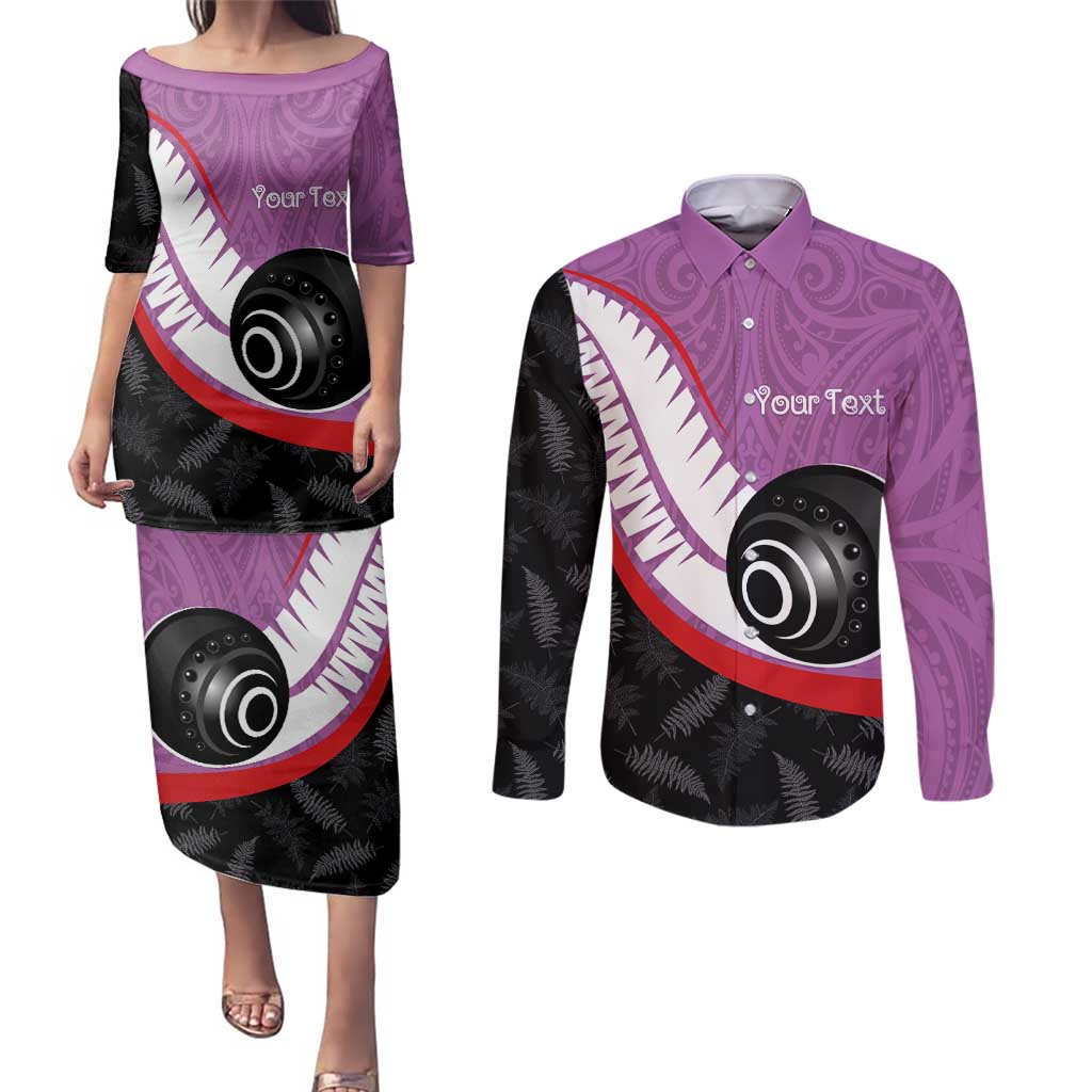 Personalised Aotearoa Lawn Bowls Couples Matching Puletasi and Long Sleeve Button Shirt Maori and Silver Fern Sporty Style Pink Color - Polynesian Pride