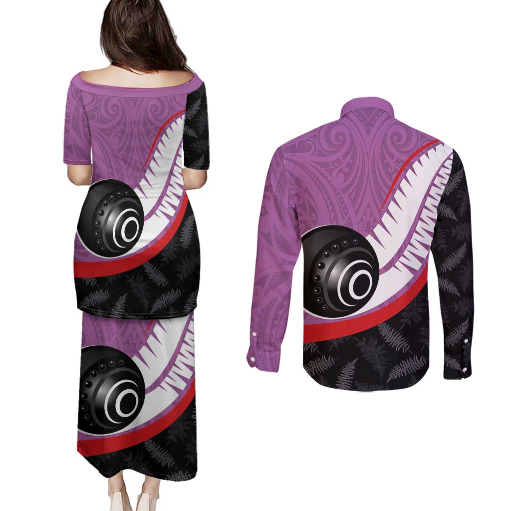 Personalised Aotearoa Lawn Bowls Couples Matching Puletasi and Long Sleeve Button Shirt Maori and Silver Fern Sporty Style Pink Color - Polynesian Pride