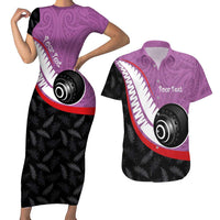 Personalised Aotearoa Lawn Bowls Couples Matching Short Sleeve Bodycon Dress and Hawaiian Shirt Maori and Silver Fern Sporty Style Pink Color - Polynesian Pride