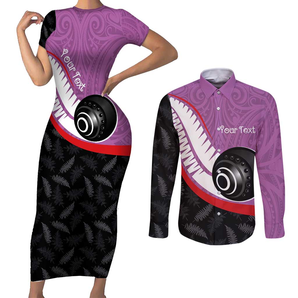 Personalised Aotearoa Lawn Bowls Couples Matching Short Sleeve Bodycon Dress and Long Sleeve Button Shirt Maori and Silver Fern Sporty Style Pink Color - Polynesian Pride