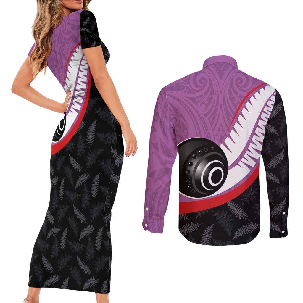 Personalised Aotearoa Lawn Bowls Couples Matching Short Sleeve Bodycon Dress and Long Sleeve Button Shirt Maori and Silver Fern Sporty Style Pink Color - Polynesian Pride