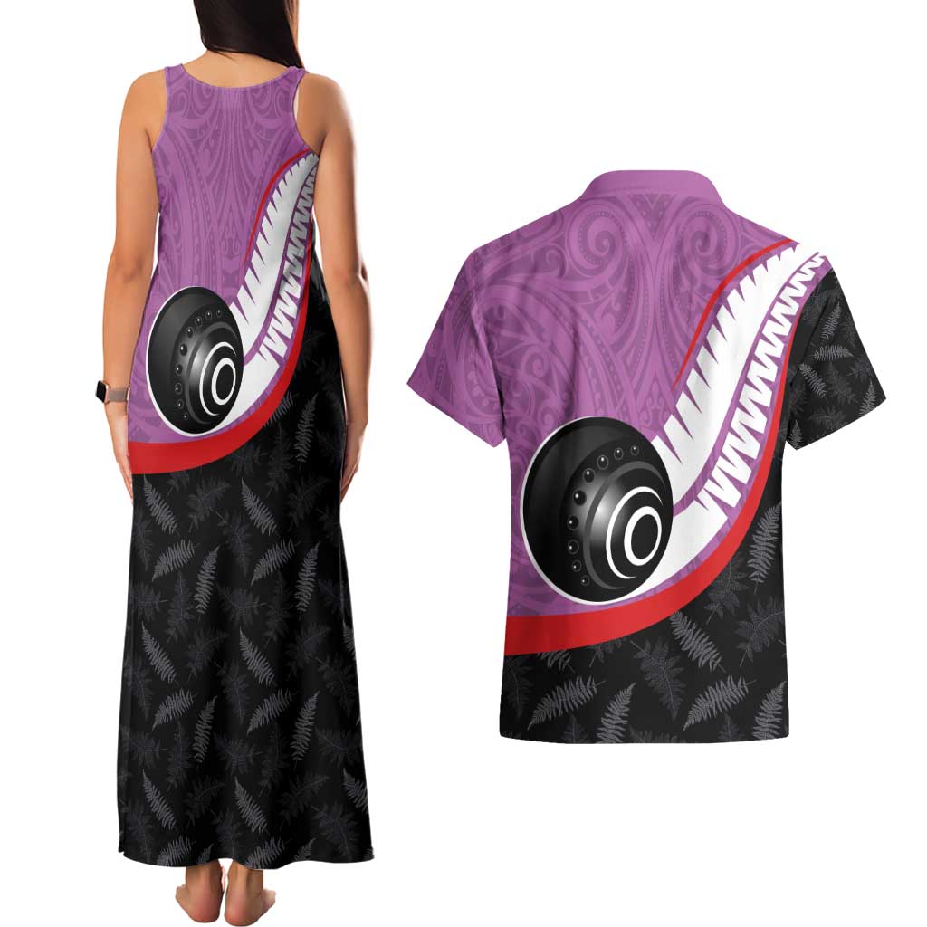 Personalised Aotearoa Lawn Bowls Couples Matching Tank Maxi Dress and Hawaiian Shirt Maori and Silver Fern Sporty Style Pink Color - Polynesian Pride