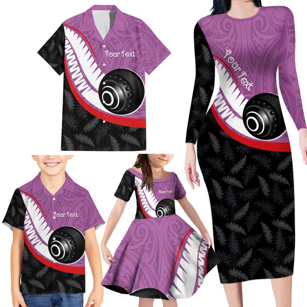 Personalised Aotearoa Lawn Bowls Family Matching Long Sleeve Bodycon Dress and Hawaiian Shirt Maori and Silver Fern Sporty Style Pink Color LT03 - Polynesian Pride