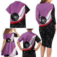 Personalised Aotearoa Lawn Bowls Family Matching Long Sleeve Bodycon Dress and Hawaiian Shirt Maori and Silver Fern Sporty Style Pink Color - Polynesian Pride