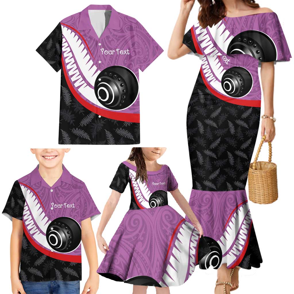Personalised Aotearoa Lawn Bowls Family Matching Mermaid Dress and Hawaiian Shirt Maori and Silver Fern Sporty Style Pink Color - Polynesian Pride
