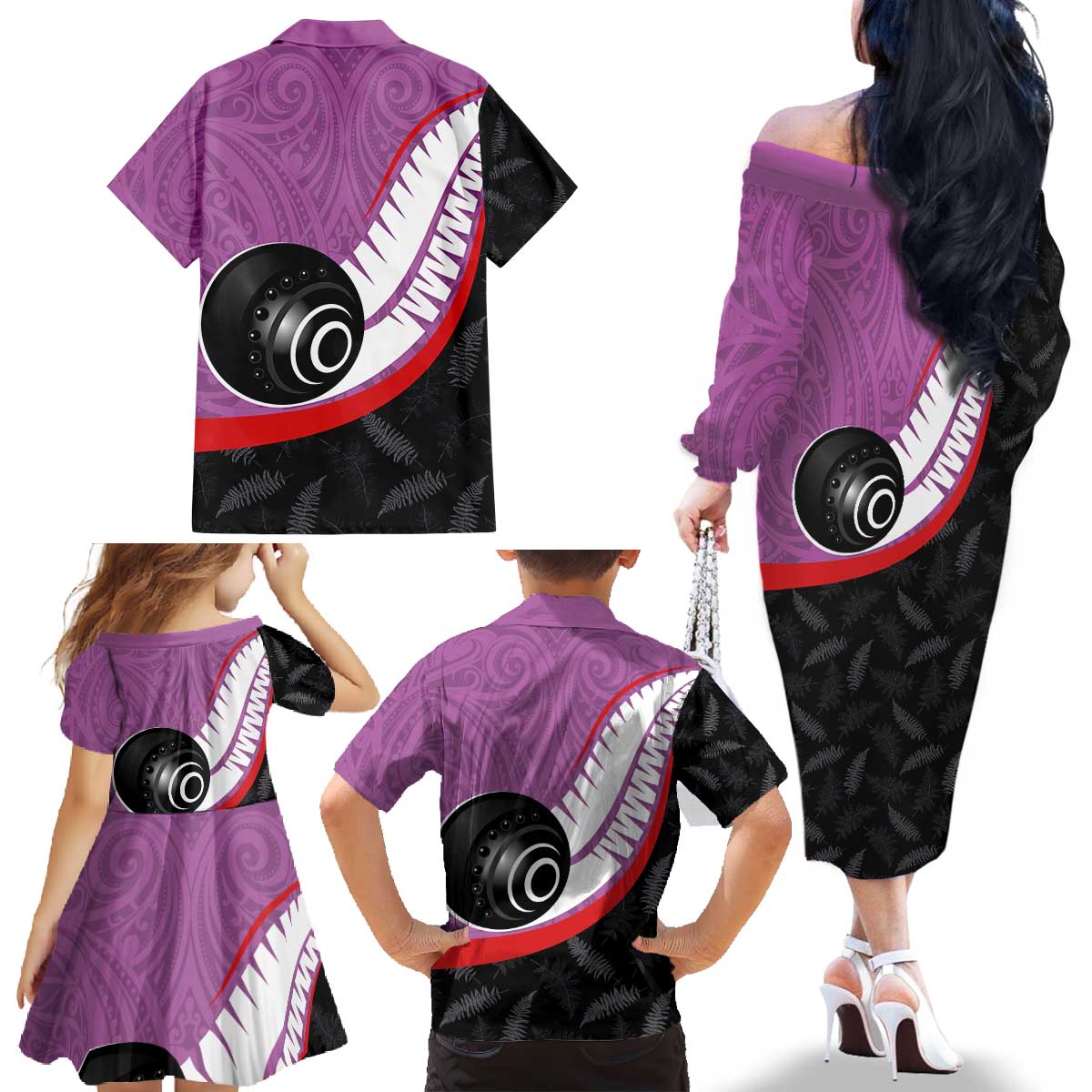 Personalised Aotearoa Lawn Bowls Family Matching Off The Shoulder Long Sleeve Dress and Hawaiian Shirt Maori and Silver Fern Sporty Style Pink Color - Polynesian Pride