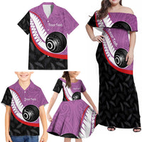 Personalised Aotearoa Lawn Bowls Family Matching Off Shoulder Maxi Dress and Hawaiian Shirt Maori and Silver Fern Sporty Style Pink Color - Polynesian Pride