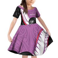 Personalised Aotearoa Lawn Bowls Family Matching Off Shoulder Short Dress and Hawaiian Shirt Maori and Silver Fern Sporty Style Pink Color - Polynesian Pride