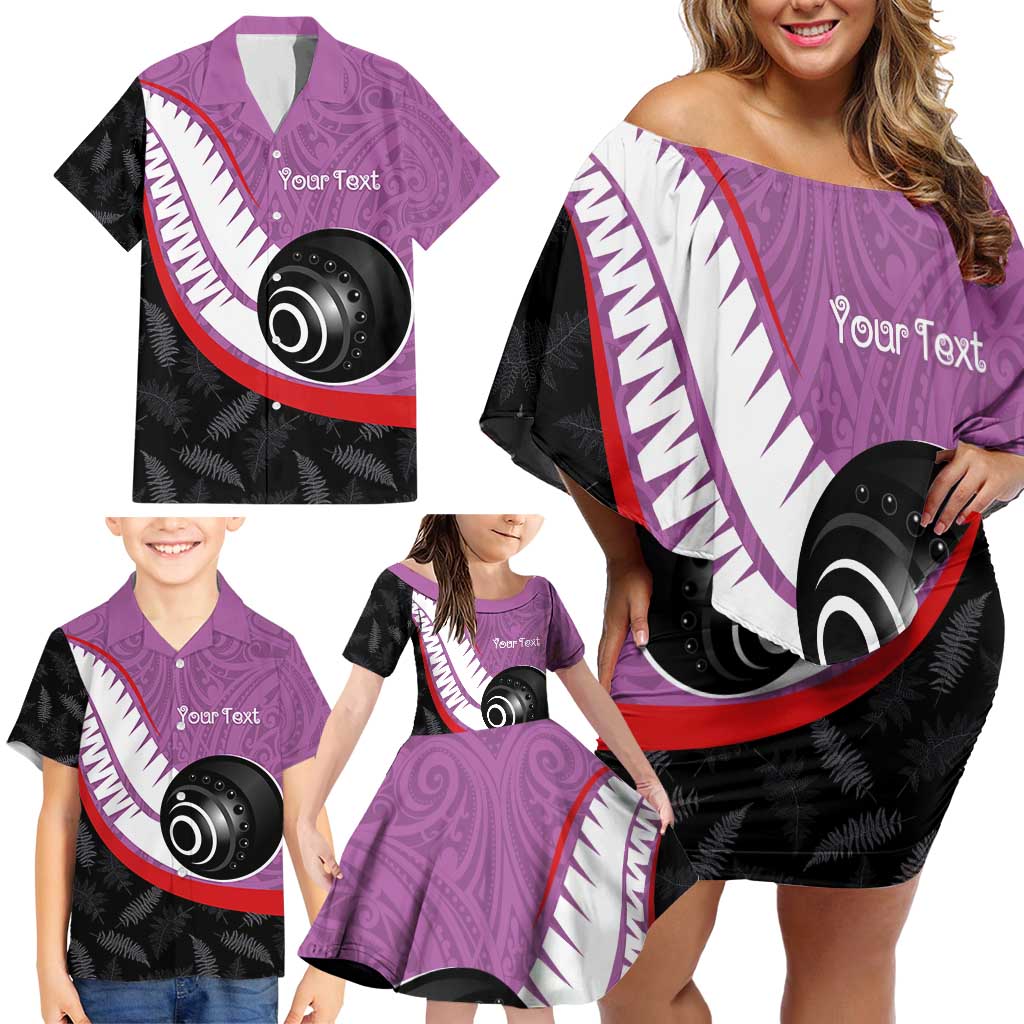 Personalised Aotearoa Lawn Bowls Family Matching Off Shoulder Short Dress and Hawaiian Shirt Maori and Silver Fern Sporty Style Pink Color - Polynesian Pride