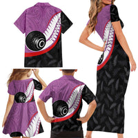 Personalised Aotearoa Lawn Bowls Family Matching Short Sleeve Bodycon Dress and Hawaiian Shirt Maori and Silver Fern Sporty Style Pink Color - Polynesian Pride