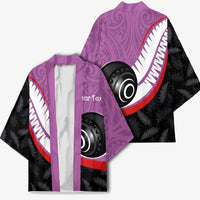 Personalised Aotearoa Lawn Bowls Kimono Maori and Silver Fern Sporty Style Pink Color - Polynesian Pride