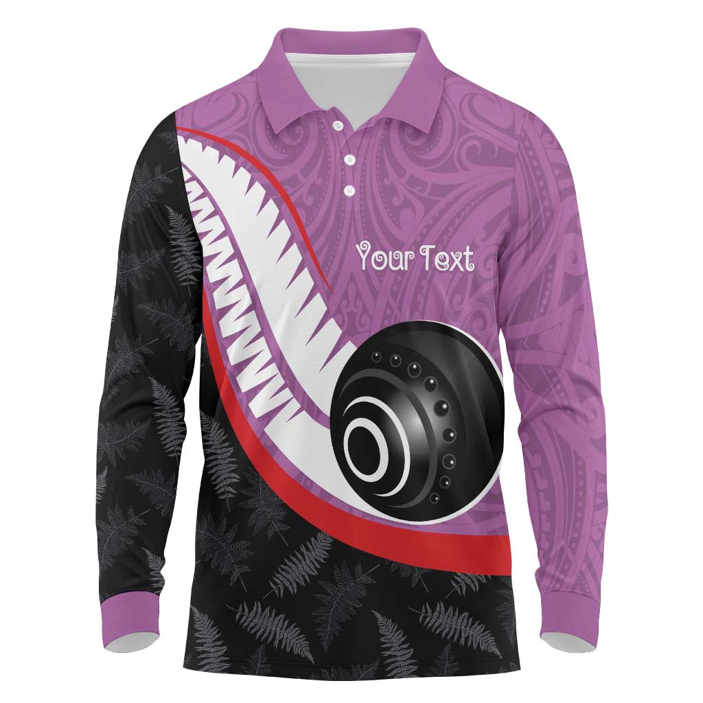 Personalised Aotearoa Lawn Bowls Long Sleeve Polo Shirt Maori and Silver Fern Sporty Style Pink Color - Polynesian Pride