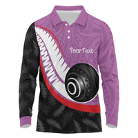 Personalised Aotearoa Lawn Bowls Long Sleeve Polo Shirt Maori and Silver Fern Sporty Style Pink Color - Polynesian Pride