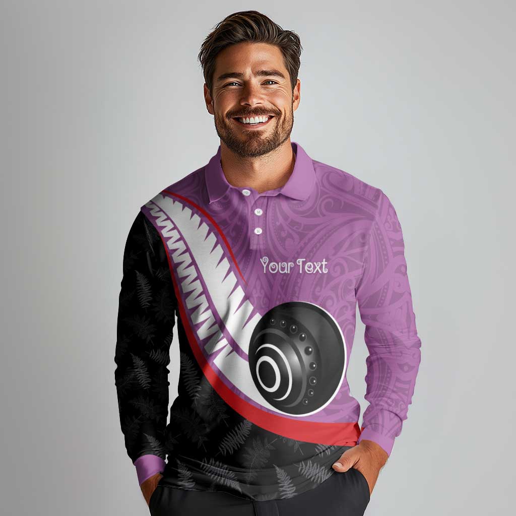 Personalised Aotearoa Lawn Bowls Long Sleeve Polo Shirt Maori and Silver Fern Sporty Style Pink Color - Polynesian Pride